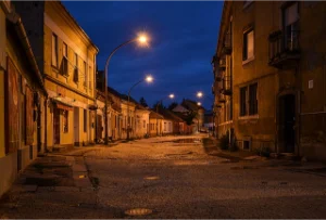 Notte a Esztergom, Ungheria - Via Simor János durante la sua ricostruzione.