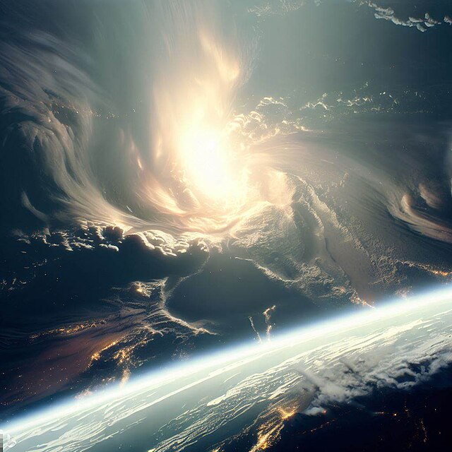 An amazing DALL-E generated AI art of a view of Earth from space with some kind of event overhead.