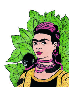 frida disegnata con una scimmietta e con piante