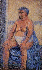 un uomo seduto su un vaso da notte