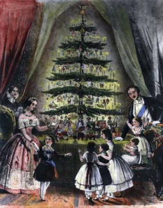 stampa d'epoca della Regina Vittoria e famiglia intorno all'albero di Natale