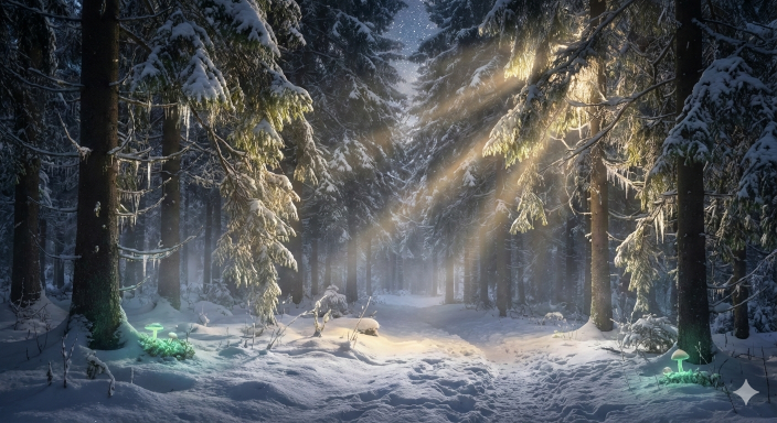 foresta di abeti innevati, immagine generata con Ai Gemini