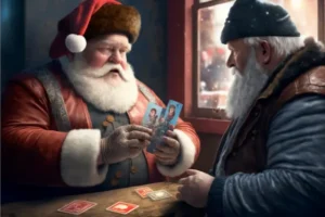 babbo nayale Santa_Claus_playing_cards_with_Olentzero_-_by_MidJourney. immagine geenrata Ai foto licenza CC