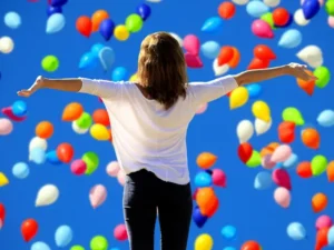 una ragazza di schiena con tanti palloncini colorati intorno simbolo di autostima