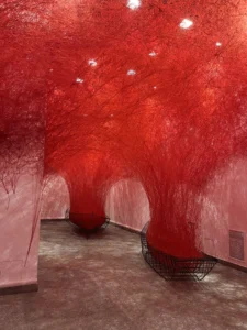 fili rossi ingarbugliati opera di Shiota