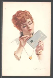 Immagine di una donna in primo piano che sta aprendo una lettera con un tagliacarte. Opera pittorica.