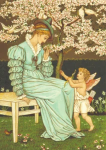 Una donna seduta all'aperto che guarda un Cupido con arco e frecce. Opera pittorica evocativa della lettera d'amore.