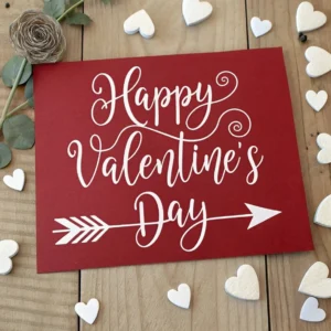 Un cartello, circondato da cuoricini, con la dicitura Felice giorno di San Valentino in inglese.