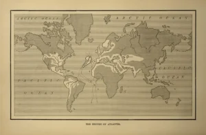 Una mappa che mostra l'ipotetica estensione dell'impero di Atlantide; da Atlantis: the Antediluvian World di Ignatius Donnelly, 1882