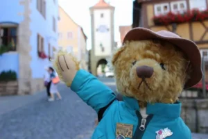 immagine du un orsetto con cappellino e giacchetta in una strada 