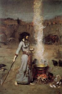 strega protagonista di la chimera nel dipinto The Magic Circle (1886) di John William Waterhouse