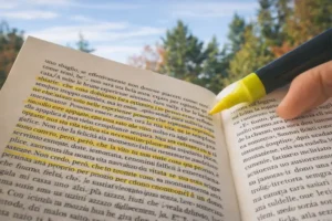 una persona mentre legge un libro e lo evidenzia in giallo ll'aperto