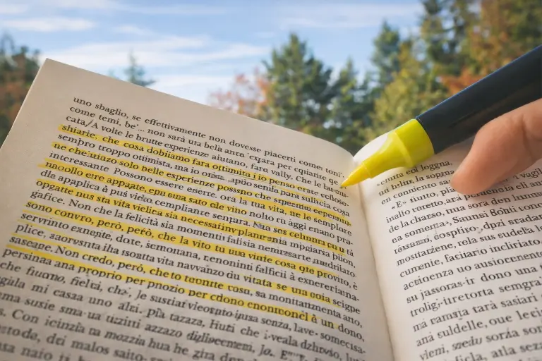 una persona mentre legge un libro e lo evidenzia in giallo ll'aperto