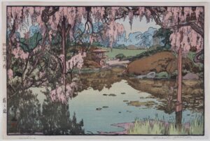 xilografia di Hiroshi Yoshida che rappresenta un paesaggio con glicine (1935).