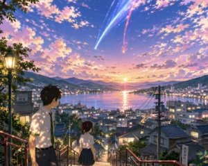your name anime con personaggi che guardano il tramonto