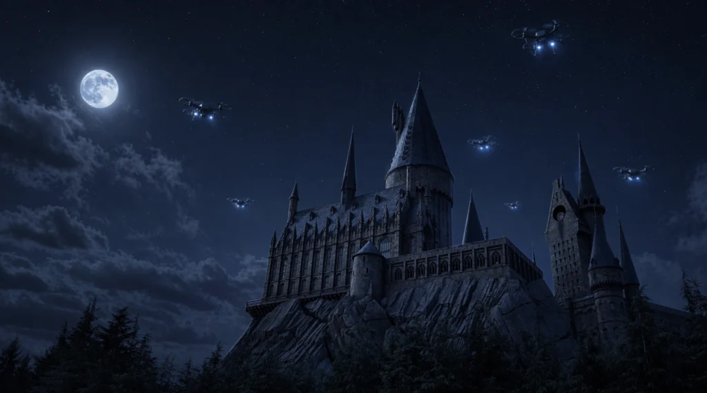 Hogwards scuola harry potter di notte con droni luminosi
