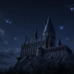 Hogwards scuola harry potter di notte con droni luminosi