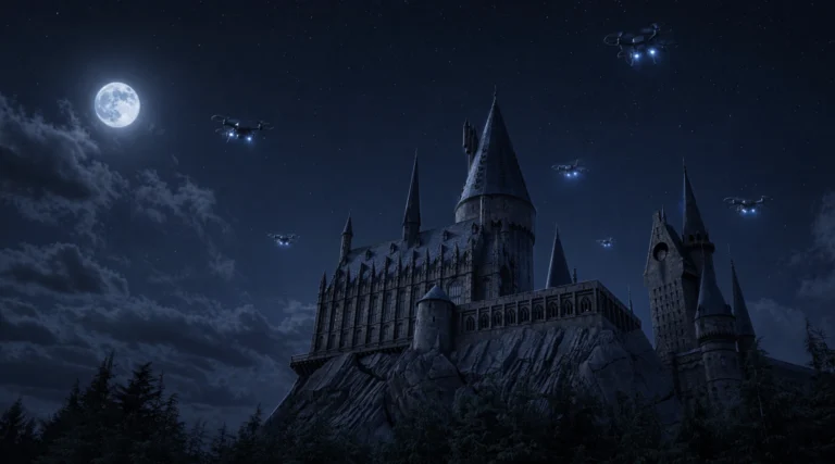 Hogwards scuola harry potter di notte con droni luminosi