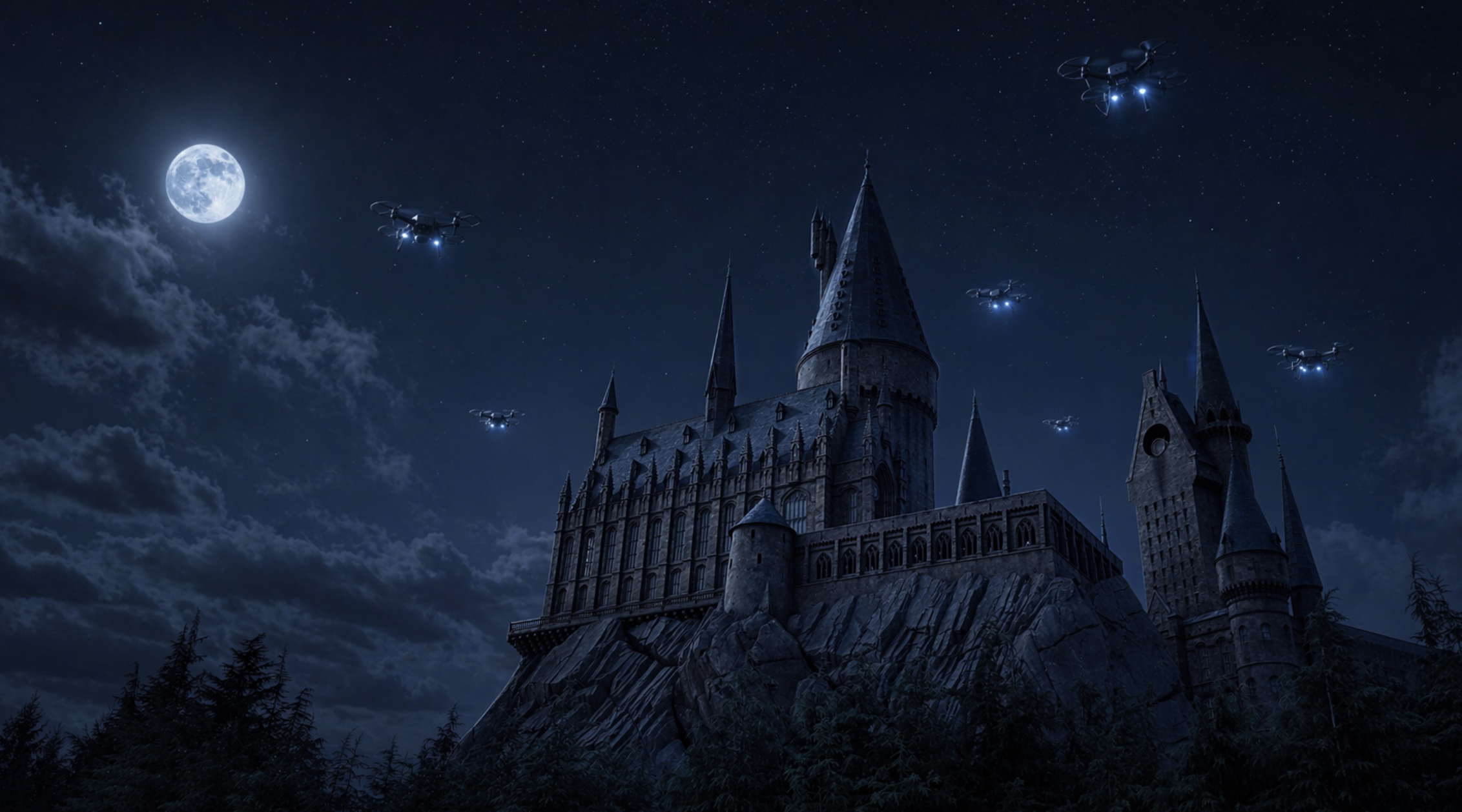 Hogwards scuola harry potter di notte con droni luminosi