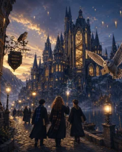 harry hermione e ron davanti alla scuola hogwards