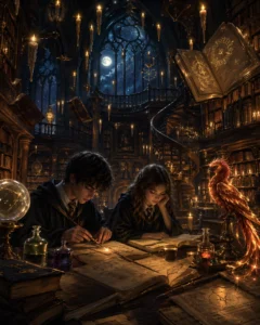 harry e hermione che studiano