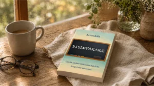 il libro disimparare del progetto Armonima su una scrivania con a fianco occhiali