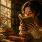 bibliosmia una donna che annusa un libro imamgine creata con AI