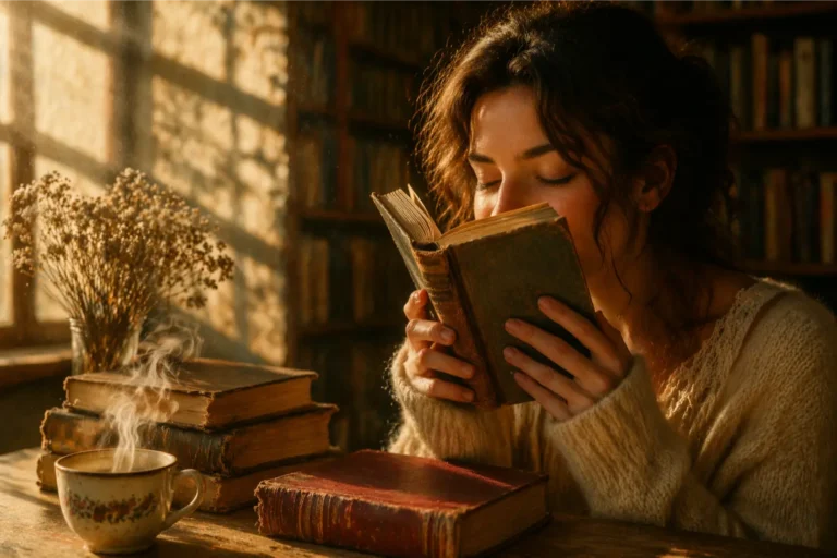 bibliosmia una donna che annusa un libro imamgine creata con AI