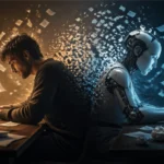 scrittori e AI a destra uno scrittore e a sinistra un robot mentre scrive
