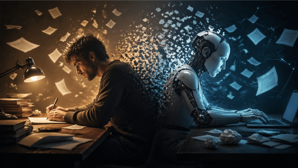 scrittori e AI a destra uno scrittore e a sinistra un robot mentre scrive