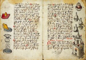 "An illuminated page from a book on alchemical processes and receipts", ca. 15th century. 