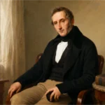 Alessandro Manzoni seduto accanto ai Promessi sposi libro