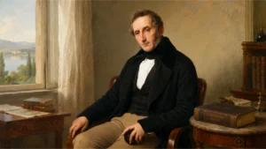 Alessandro Manzoni seduto accanto ai Promessi sposi libro