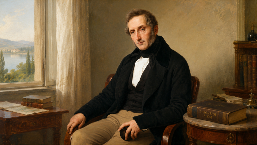 Alessandro Manzoni seduto accanto ai Promessi sposi libro