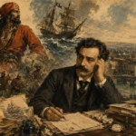 disegno creato con Ai di Emilio Salgri con sfondo Torino e i suoi personaggi come Sandokan