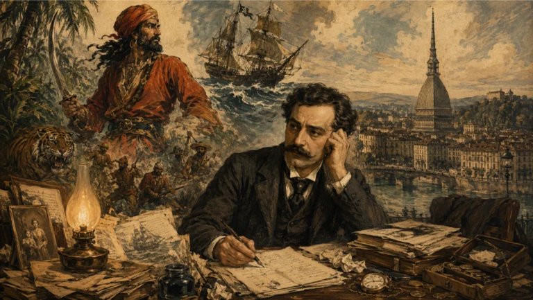disegno creato con Ai di Emilio Salgri con sfondo Torino e i suoi personaggi come Sandokan