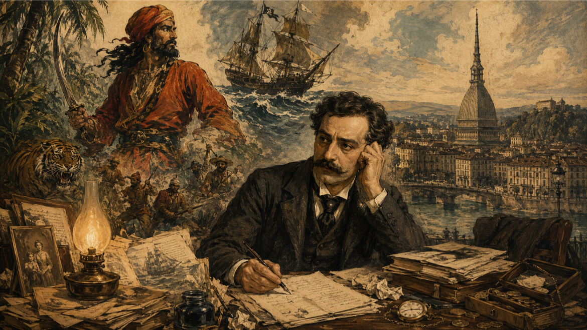 disegno creato con Ai di Emilio Salgri con sfondo Torino e i suoi personaggi come Sandokan