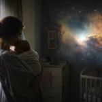 una madre che tine in braccio un bambino con davanti una tempesta cosmica