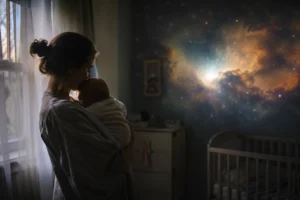 una madre che tine in braccio un bambino con davanti una tempesta cosmica