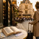 una ragazza con il trolley vicino a un tavolino di un bar con in libro appoggiato e una città sullo sfondo