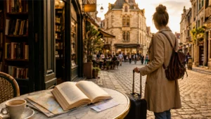una ragazza con il trolley vicino a un tavolino di un bar con in libro appoggiato e una città sullo sfondo