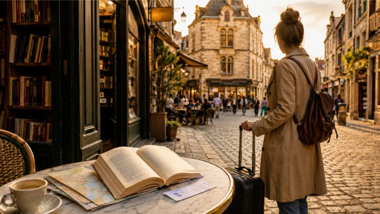 una ragazza con il trolley vicino a un tavolino di un bar con in libro appoggiato e una città sullo sfondo