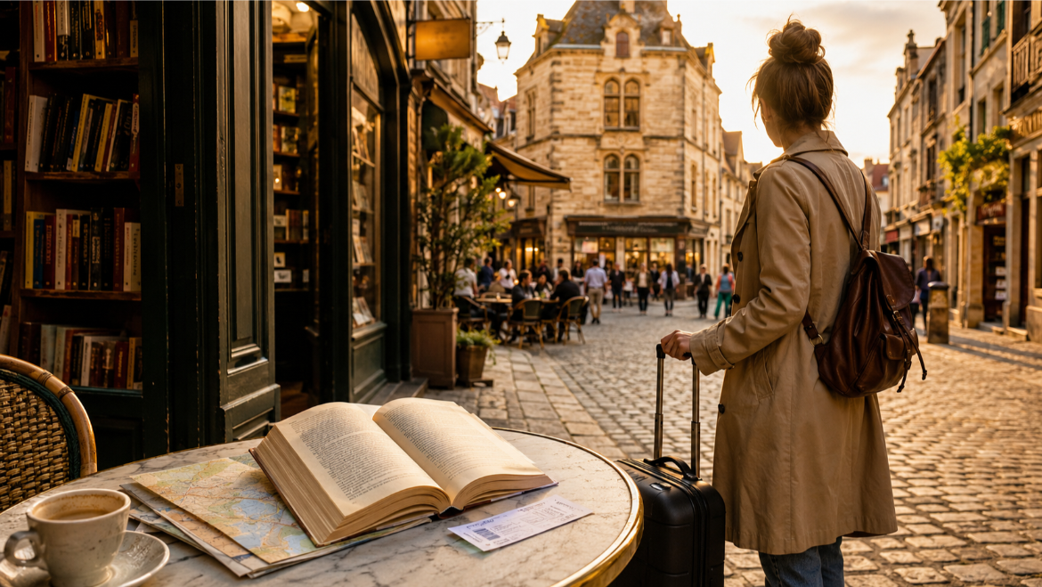 una ragazza con il trolley vicino a un tavolino di un bar con in libro appoggiato e una città sullo sfondo