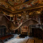 immagine creata con Ai la biblioteca joanina con un pipistrello in primo piano