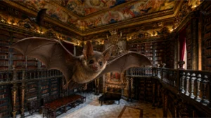 immagine creata con Ai la biblioteca joanina con un pipistrello in primo piano