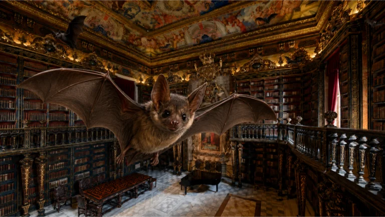 immagine creata con Ai la biblioteca joanina con un pipistrello in primo piano