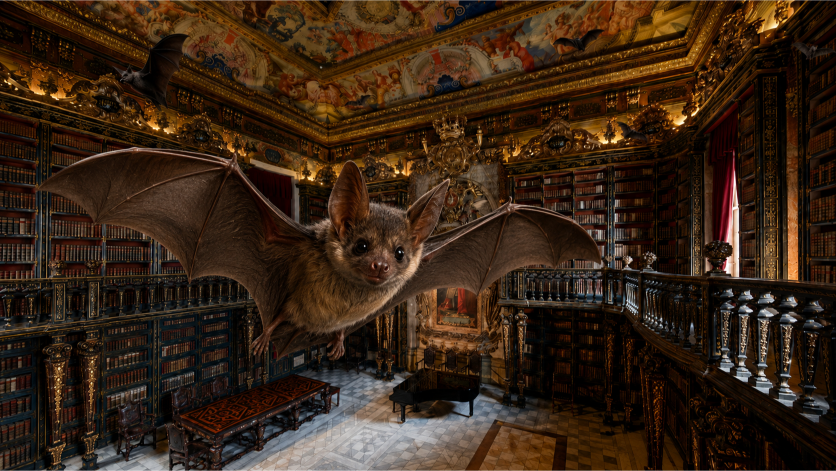 immagine creata con Ai la biblioteca joanina con un pipistrello in primo piano