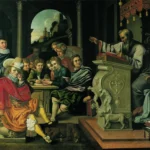 leggere saggi.Quadro nel castello di Rosenborg raffigurante una lezione in un'accademia cavalleresca. Fa parte di una serie di sette dipinti, raffiguranti ciascuno una delle sette arti liberali. Questo è il dipinto che illustra la retorica.