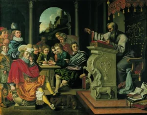 leggere saggi.Quadro nel castello di Rosenborg raffigurante una lezione in un'accademia cavalleresca. Fa parte di una serie di sette dipinti, raffiguranti ciascuno una delle sette arti liberali. Questo è il dipinto che illustra la retorica.