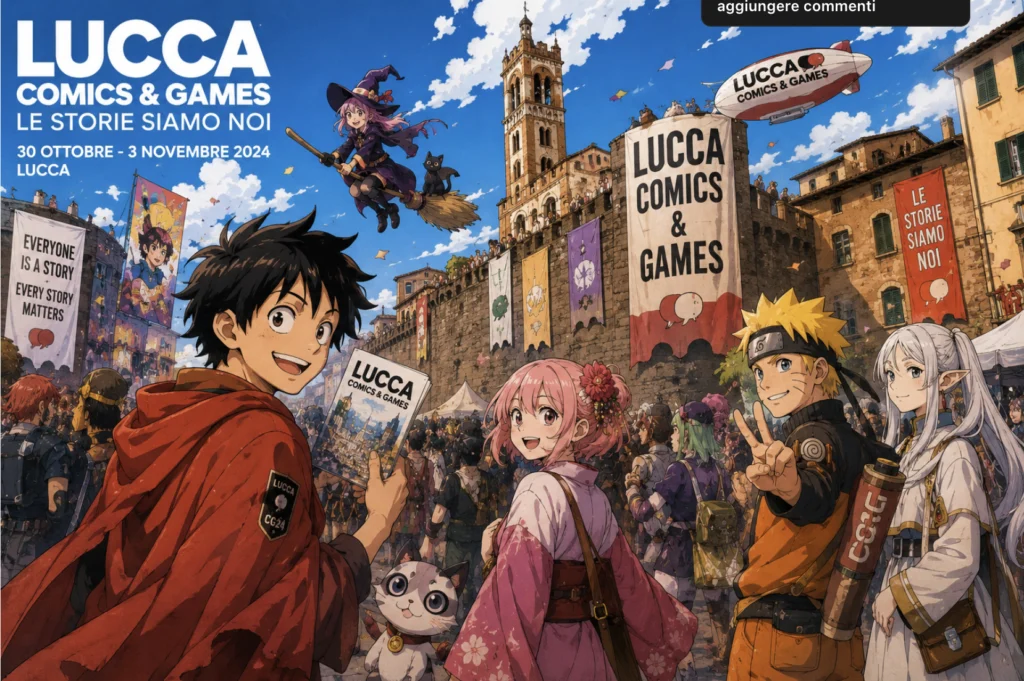 disegno stile anime con personaggi al Lucca Comics